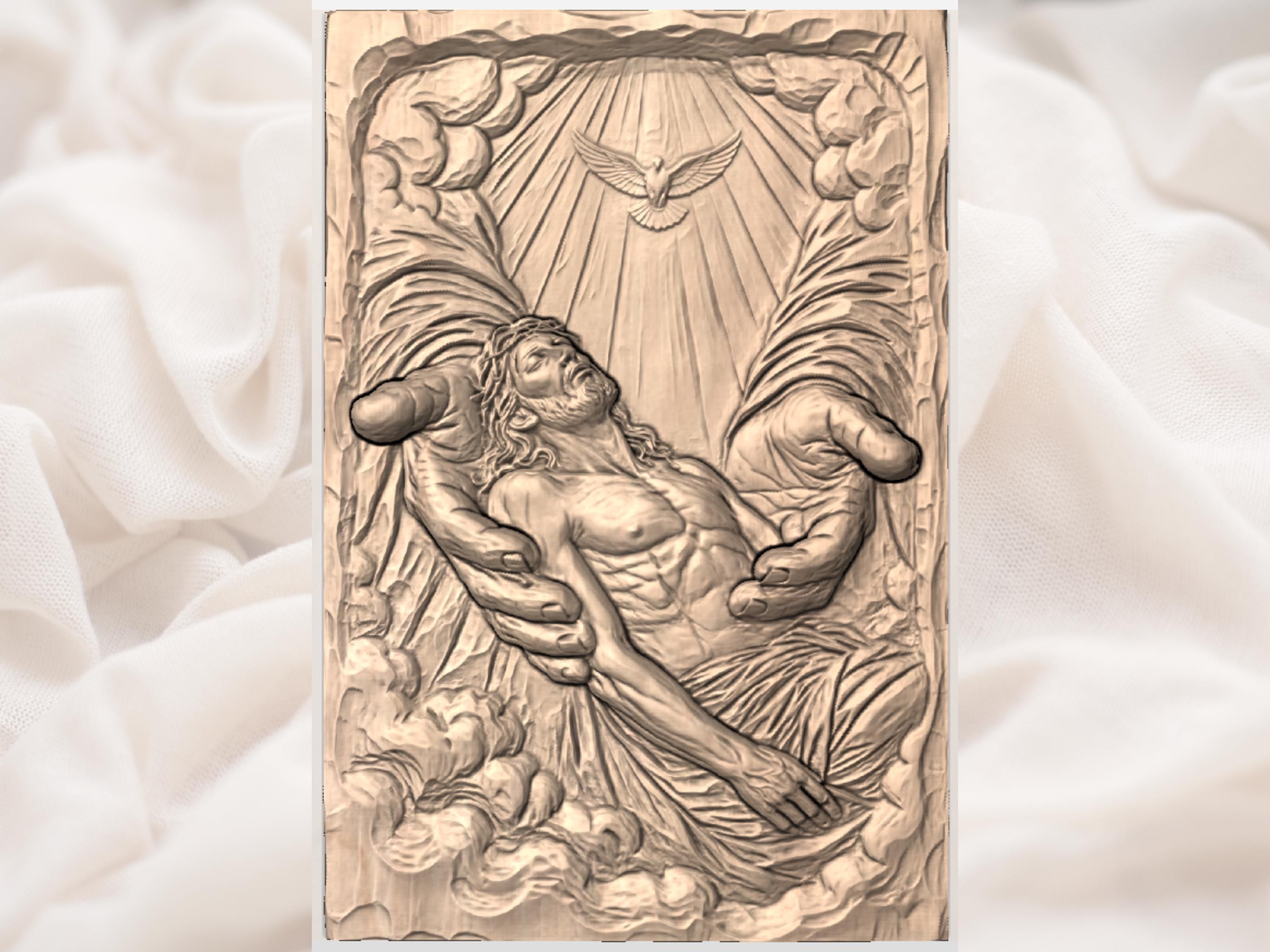 Jesus Cradled in God's Hands With Holy Spirit Dove Relief STL bas-relief STL — view 3