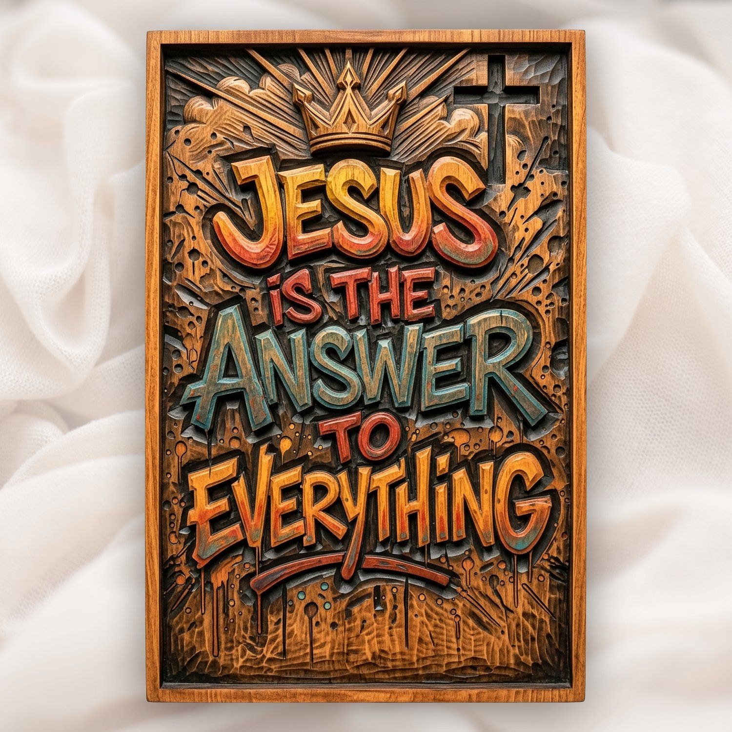 Jesus Is The Answer To Everything CNC Relief STL | Christian Scripture Wall Art Panel | Sacred Cross King Crown Wood Carving — carved bas relief STL file for CNC