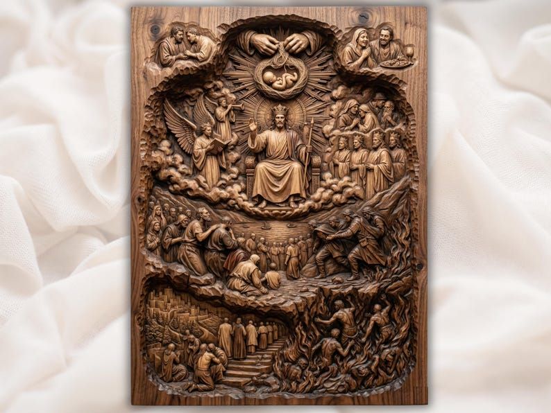 Bas-relief wood carving of The Last Judgment with Christ enthroned, angels, the faithful, and souls in heaven and hell.
