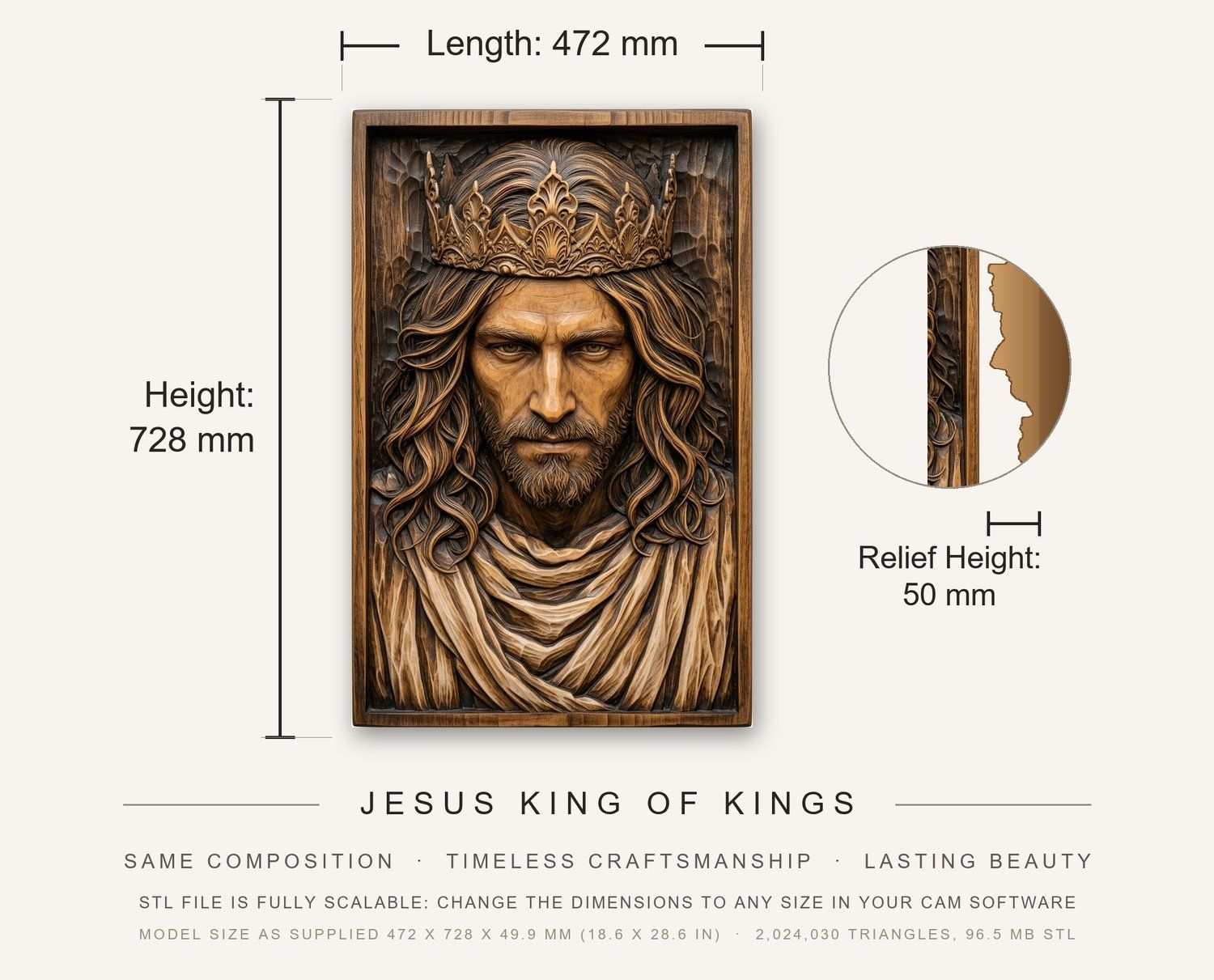 Jesus King of Kings CNC Relief STL bas-relief STL — view 3