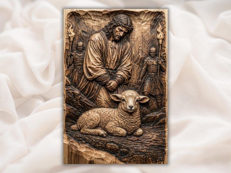 Bas-relief carving of a crowned Christ figure cradling a resting lamb with two torch-bearing guards behind.