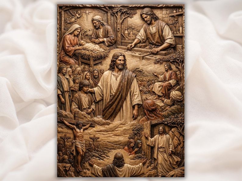 Carved wood bas-relief of the life of Jesus, from the Nativity manger to teaching crowds and the Crucifixion.