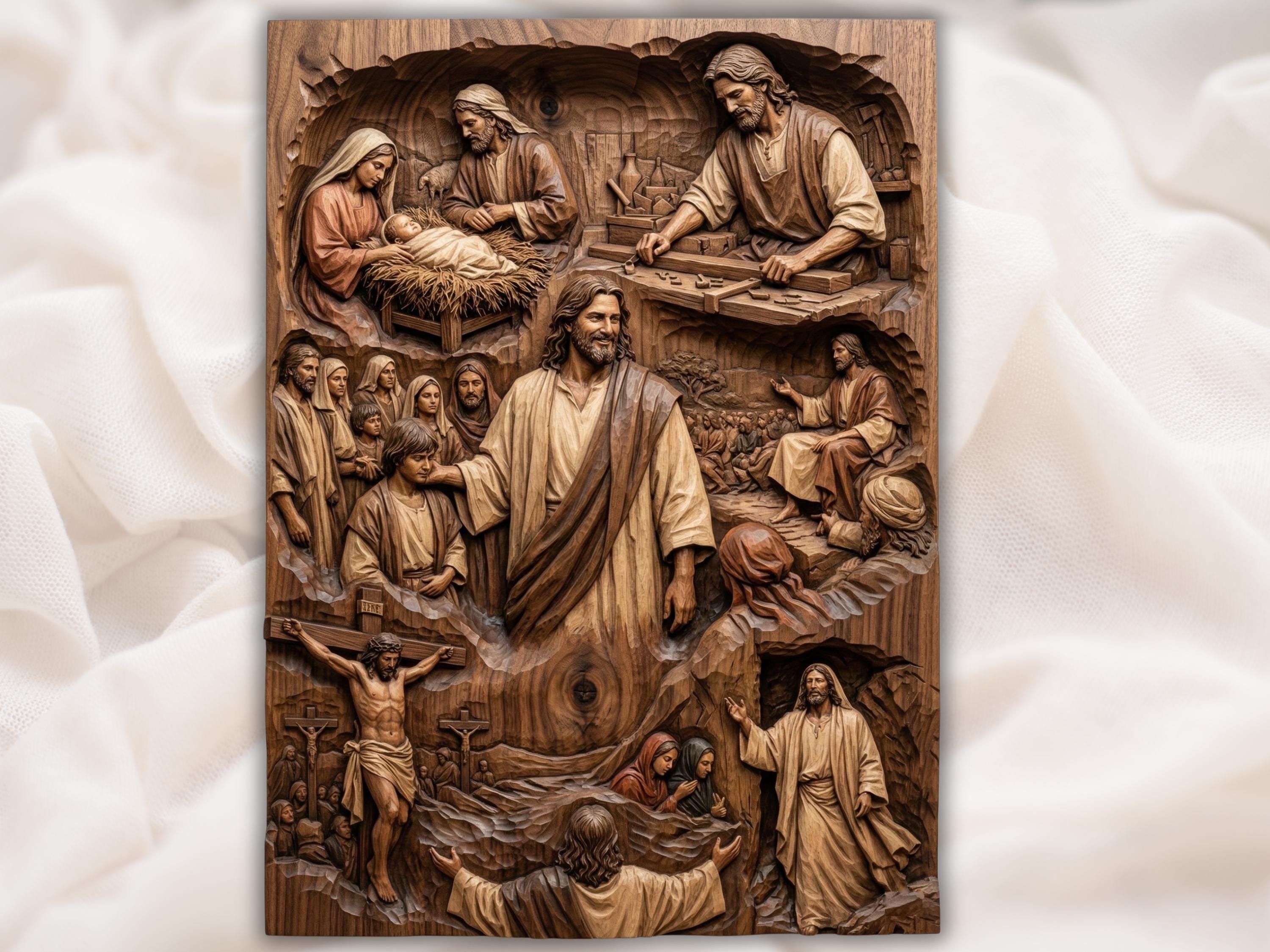 Bas-relief wood carving of Jesus surrounded by scenes of carpentry, the nativity, teaching a crowd, and people praying.
