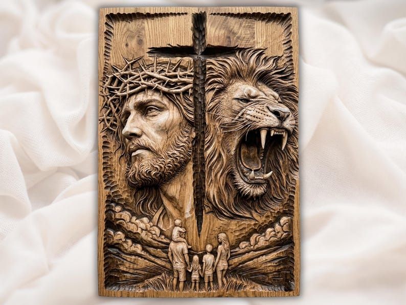 Wood relief of Jesus in crown of thorns and a roaring lion beside a cross, with a family praying below