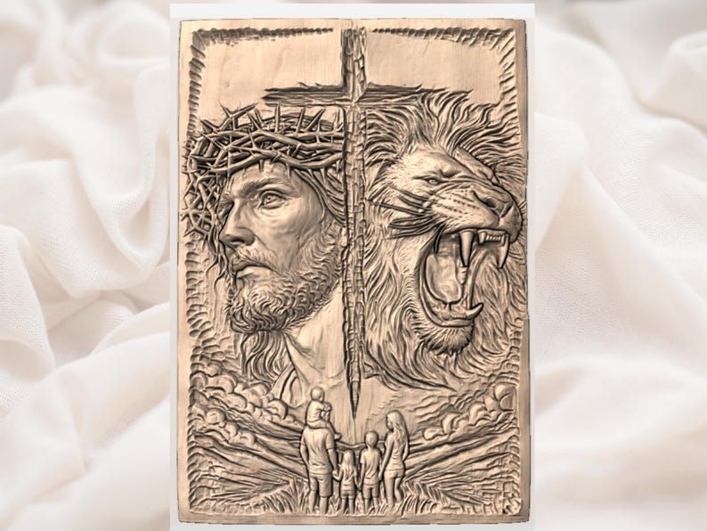 Jesus and Lion of Judah Cross Relief with Family Faith Scene bas-relief STL — view 2
