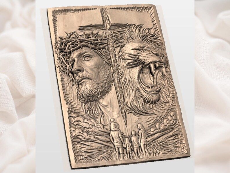 Jesus and Lion of Judah Cross Relief with Family Faith Scene bas-relief STL — view 3