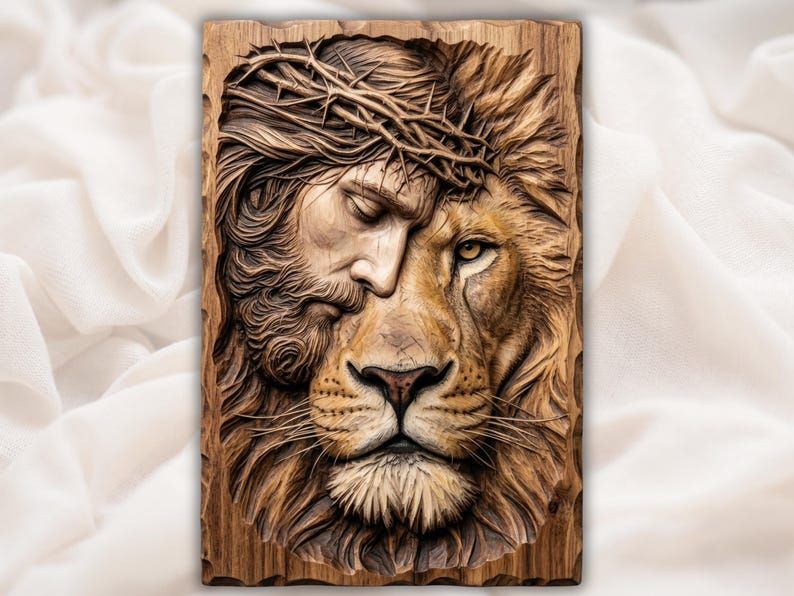 Wood bas-relief carving of Jesus with crown of thorns merged with a lion of Judah face on a plaque