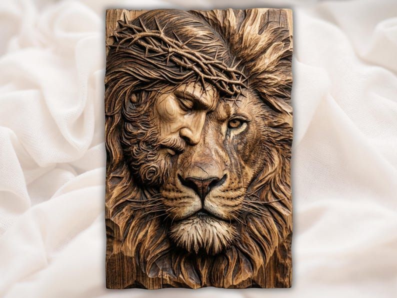 Bas-relief wood carving of Jesus with crown of thorns blended into a lion's face and mane, Lion of Judah design.