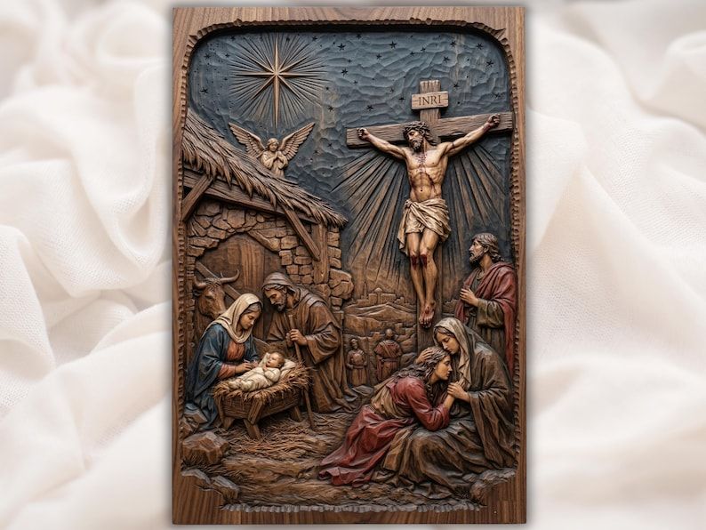 Carved wood relief panel showing the Nativity manger scene beside the Crucifixion of Christ on the cross.