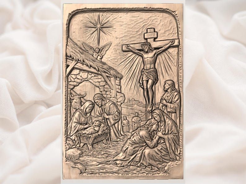 Nativity and Crucifixion Bas-Relief STL, Birth and Cross of Christ Panel bas-relief STL — view 2