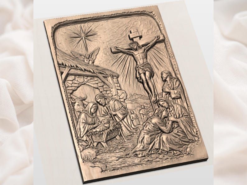 Nativity and Crucifixion Bas-Relief STL, Birth and Cross of Christ Panel bas-relief STL — view 3