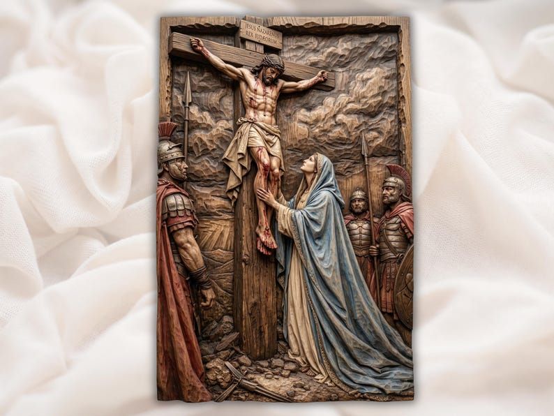 Carved wood relief of Jesus crucified on the cross with Mary reaching up and Roman soldiers at Calvary
