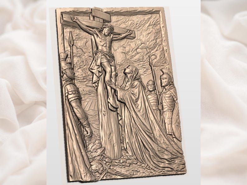 Crucifixion of Jesus at Calvary Bas-Relief STL with Mary and Soldiers bas-relief STL — view 2