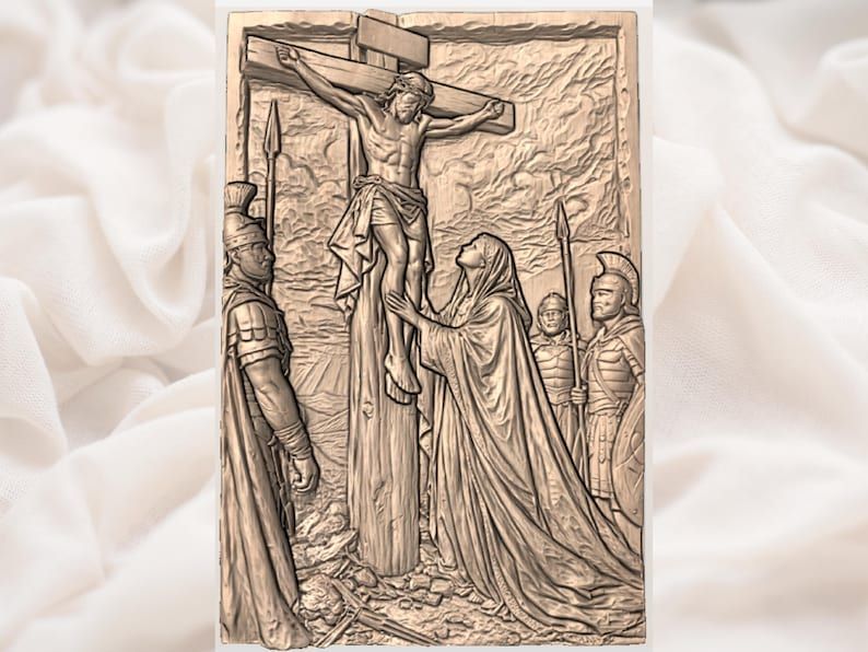 Crucifixion of Jesus at Calvary Bas-Relief STL with Mary and Soldiers bas-relief STL — view 3