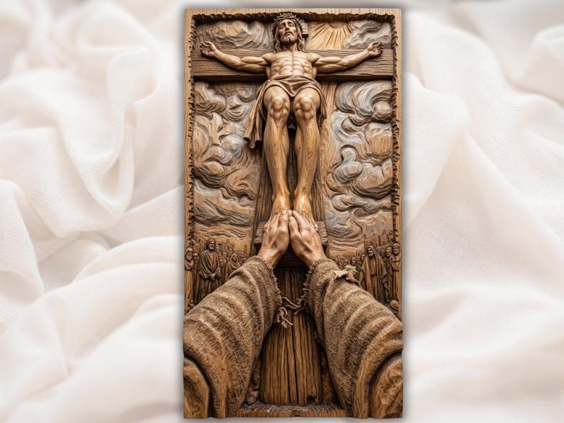 Wood bas-relief of Jesus crucified on the cross with two hands reaching up to touch His feet below