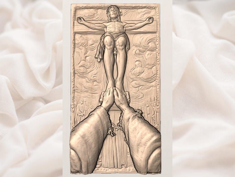 Crucifixion of Christ Bas-Relief with Follower Touching His Feet STL bas-relief STL — view 3
