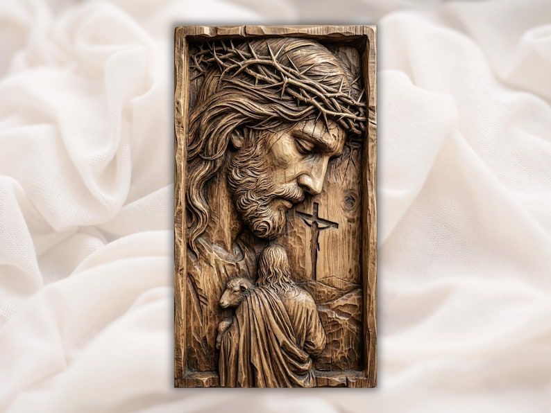Carved wood relief of Jesus in a crown of thorns above a figure holding a lamb near a hillside cross.