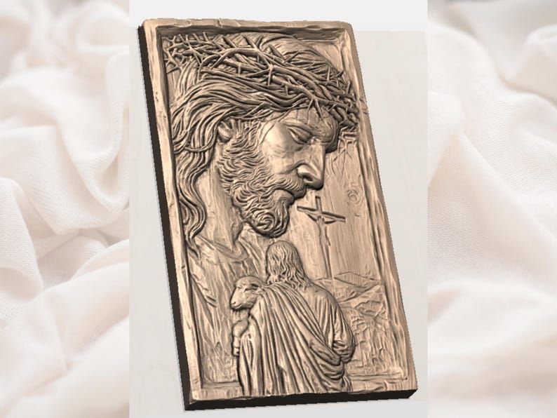 Christ in the Crown of Thorns Bas-Relief STL with Cross and Lamb bas-relief STL — view 2