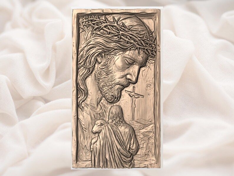 Christ in the Crown of Thorns Bas-Relief STL with Cross and Lamb bas-relief STL — view 3
