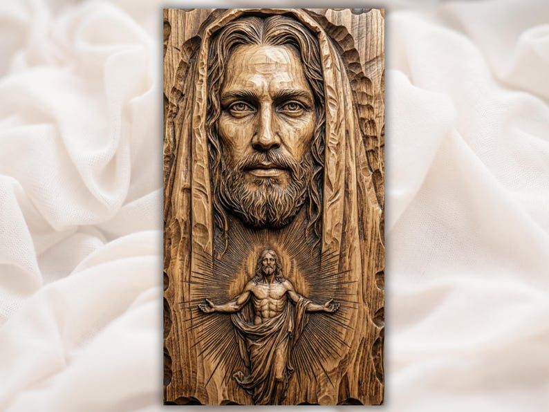 Carved wood bas-relief of Jesus portrait in a hood above a small Risen Christ figure with radiant light rays