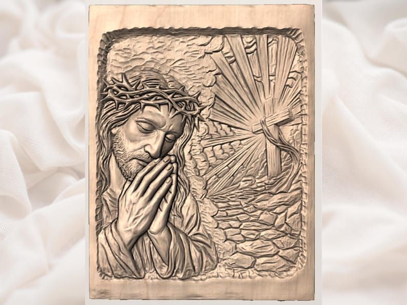 Jesus in Prayer with Crown of Thorns and Radiant Cross Relief bas-relief STL — view 2
