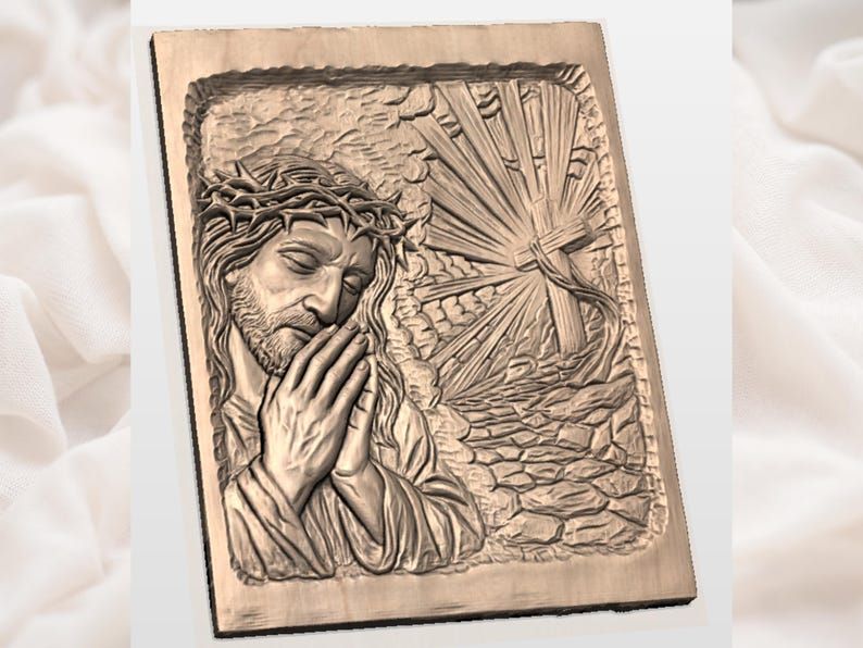 Jesus in Prayer with Crown of Thorns and Radiant Cross Relief bas-relief STL — view 3