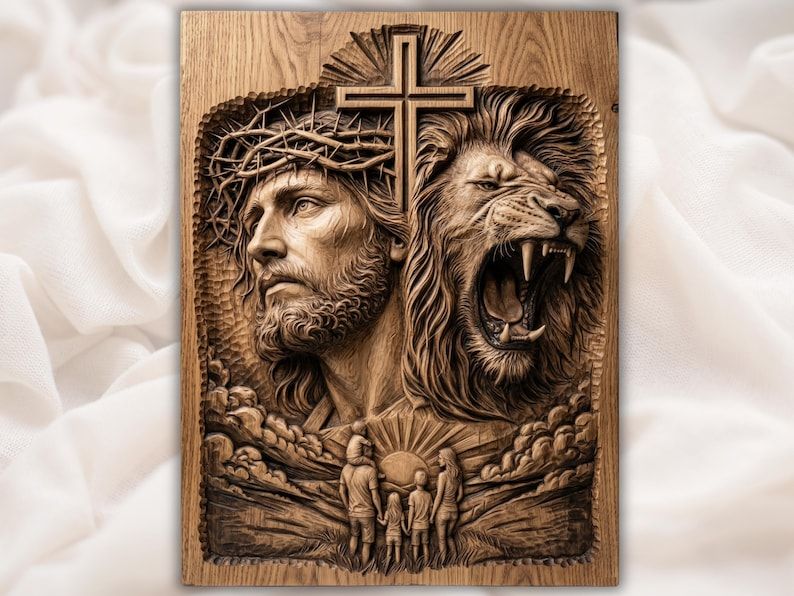Carved wood relief of Jesus in crown of thorns beside a roaring lion, with a cross above and a family below