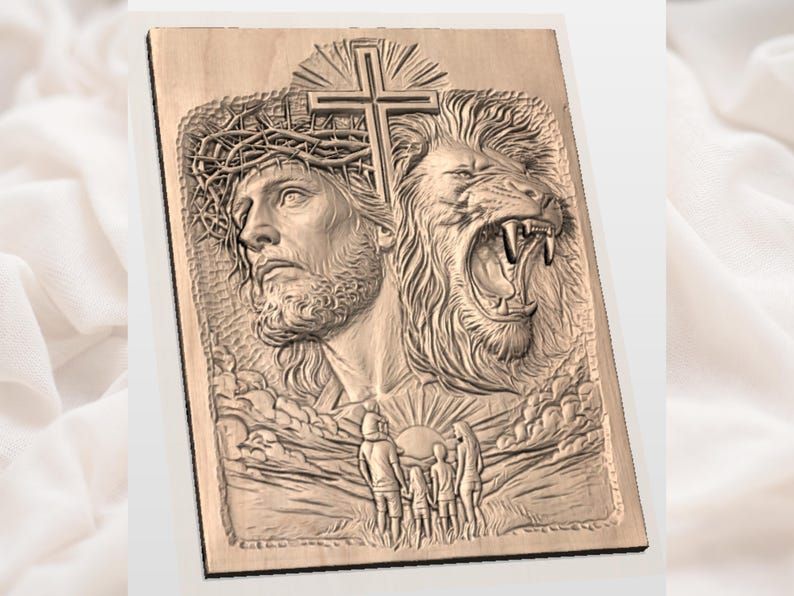 Jesus and Lion of Judah Bas-Relief STL with Cross and Family bas-relief STL — view 2