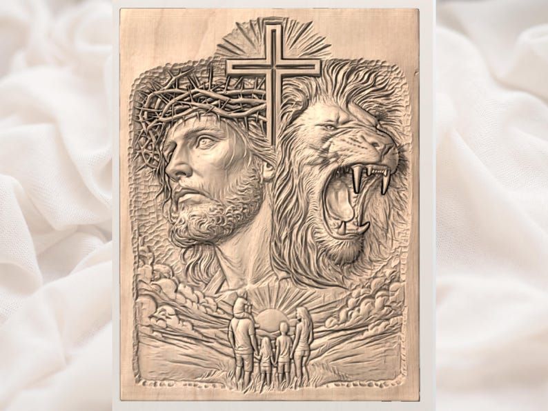 Jesus and Lion of Judah Bas-Relief STL with Cross and Family bas-relief STL — view 3