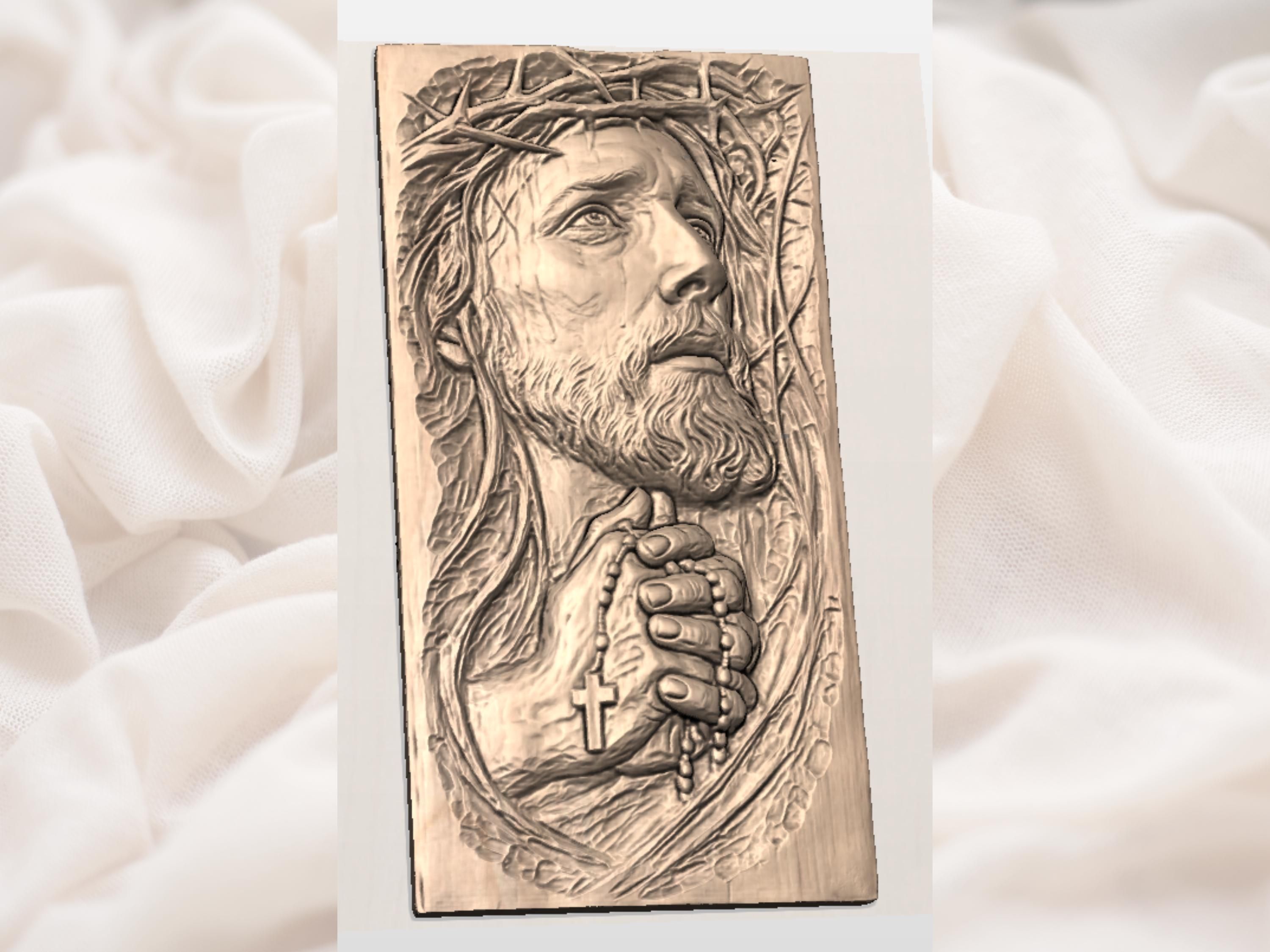 Weeping Jesus in Prayer with Rosary and Crown of Thorns Relief bas-relief STL — view 2