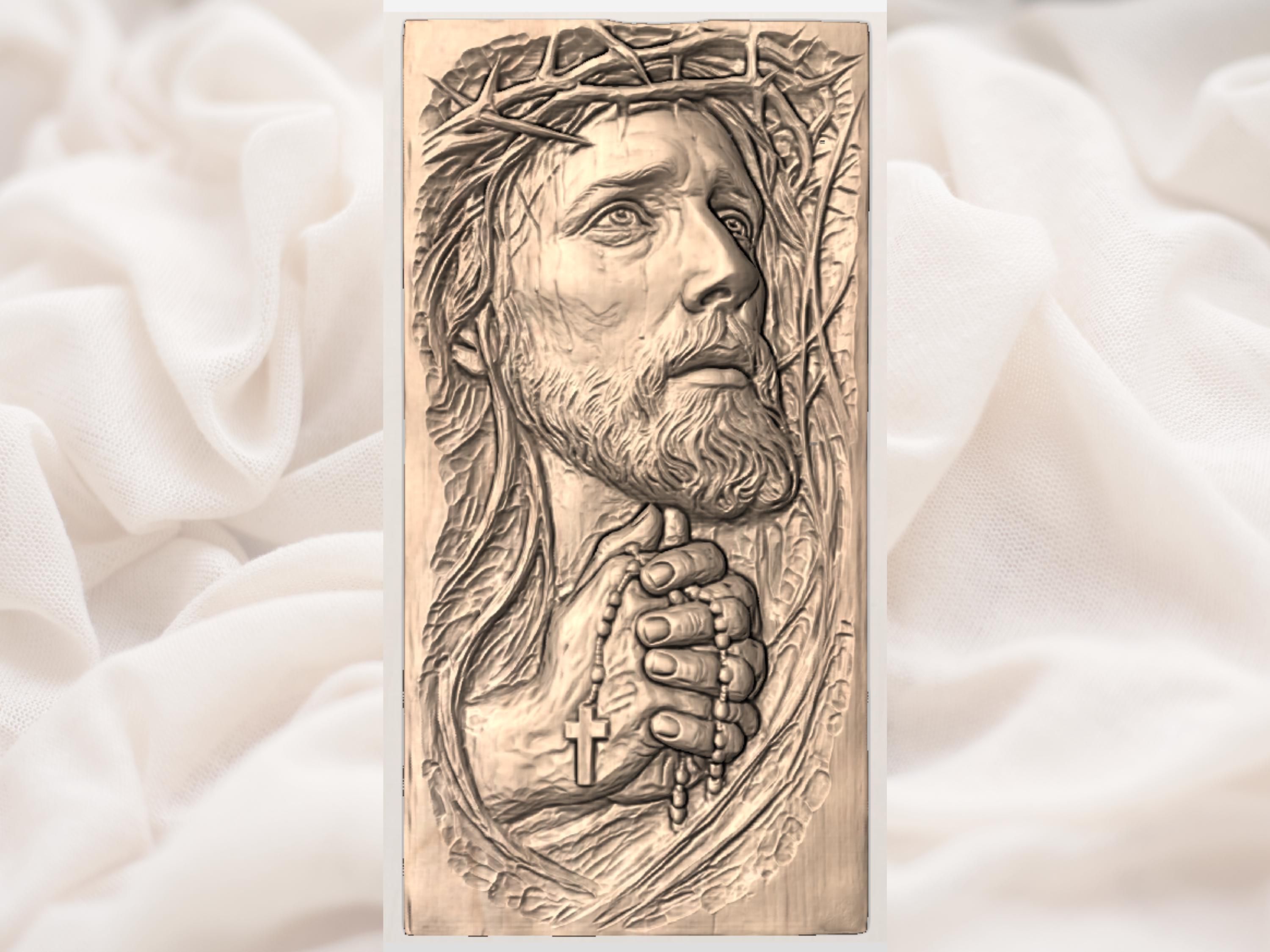 Weeping Jesus in Prayer with Rosary and Crown of Thorns Relief bas-relief STL — view 3
