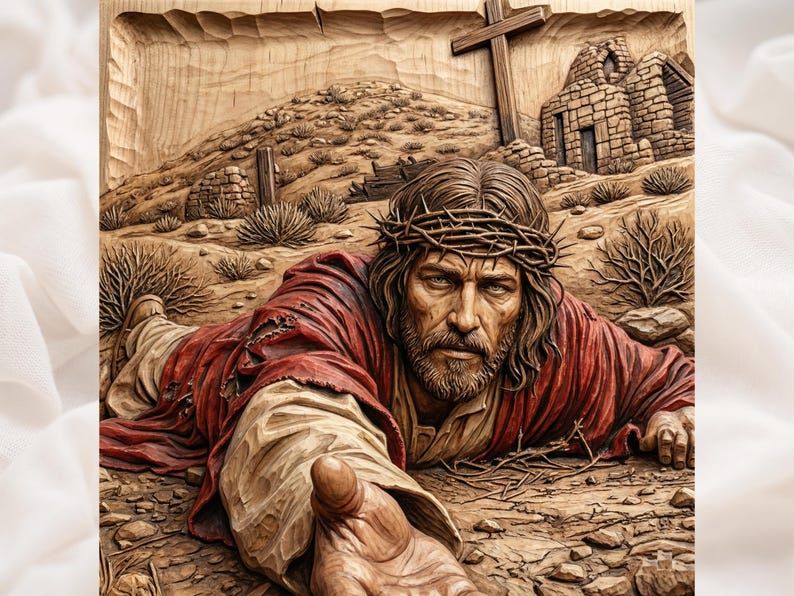 Bas-relief wood carving of Jesus in a crown of thorns reaching out a hand, with a cross and stone ruins behind.