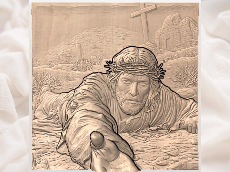 Jesus Reaching Out Bas-Relief STL, Crown of Thorns Cross Scene bas-relief STL — view 2