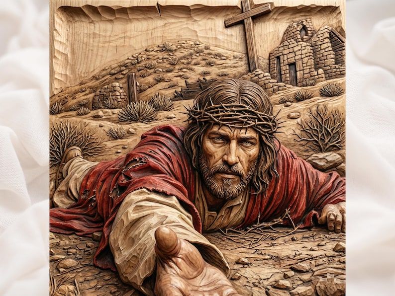 Jesus Reaching Out Bas-Relief STL, Crown of Thorns Cross Scene bas-relief STL design