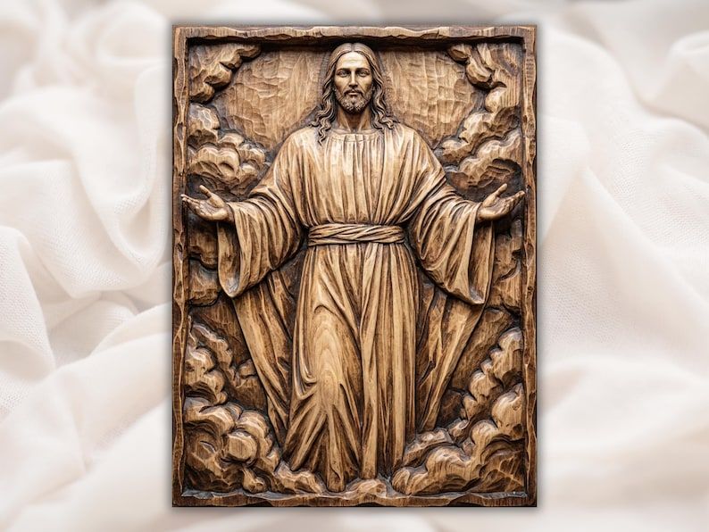 Carved wood bas-relief of Jesus standing with open arms, surrounded by layered clouds, in a framed panel.