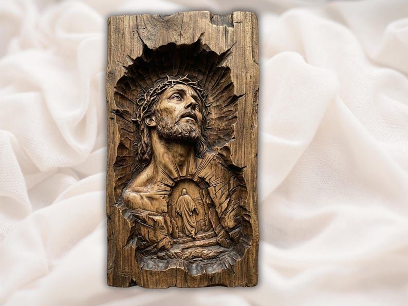 Bas-relief wood carving of Jesus looking upward wearing a crown of thorns with a radiant figure below his chest