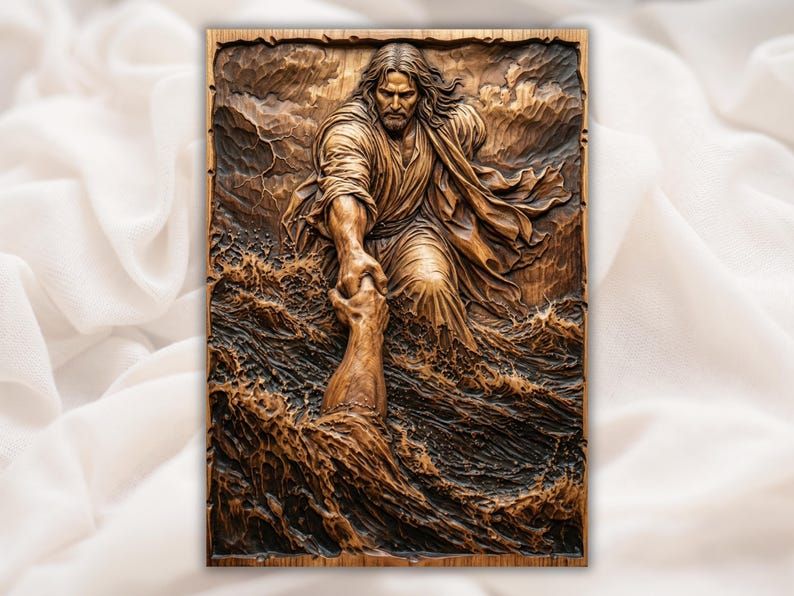Carved wood relief of Jesus reaching down to grab Peter's hand above stormy ocean waves