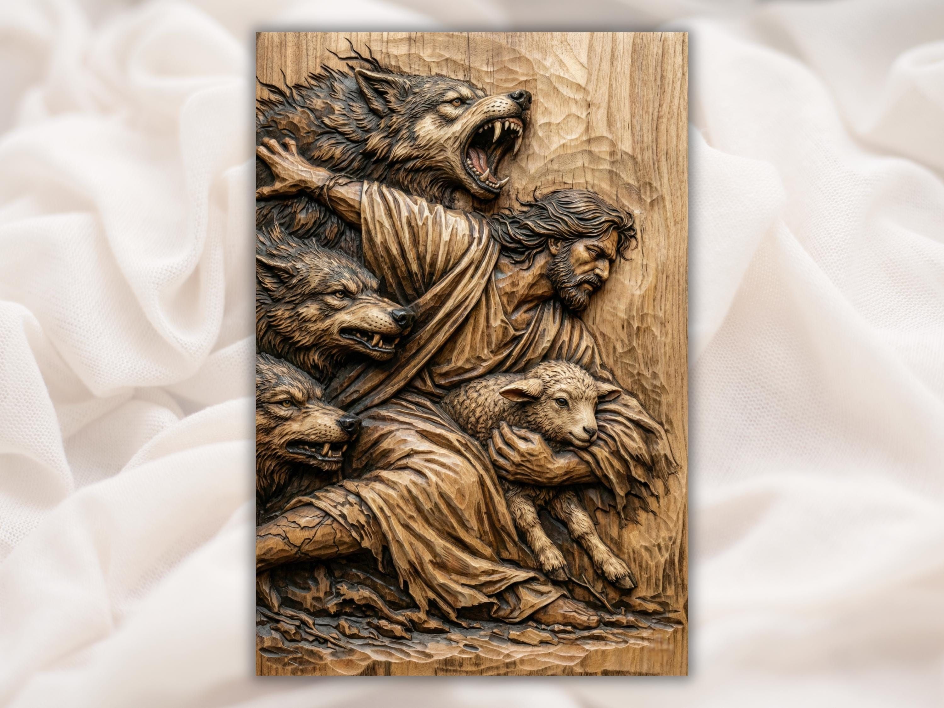 Wood relief carving of the Good Shepherd holding a lamb while a snarling wolf attacks beside him.