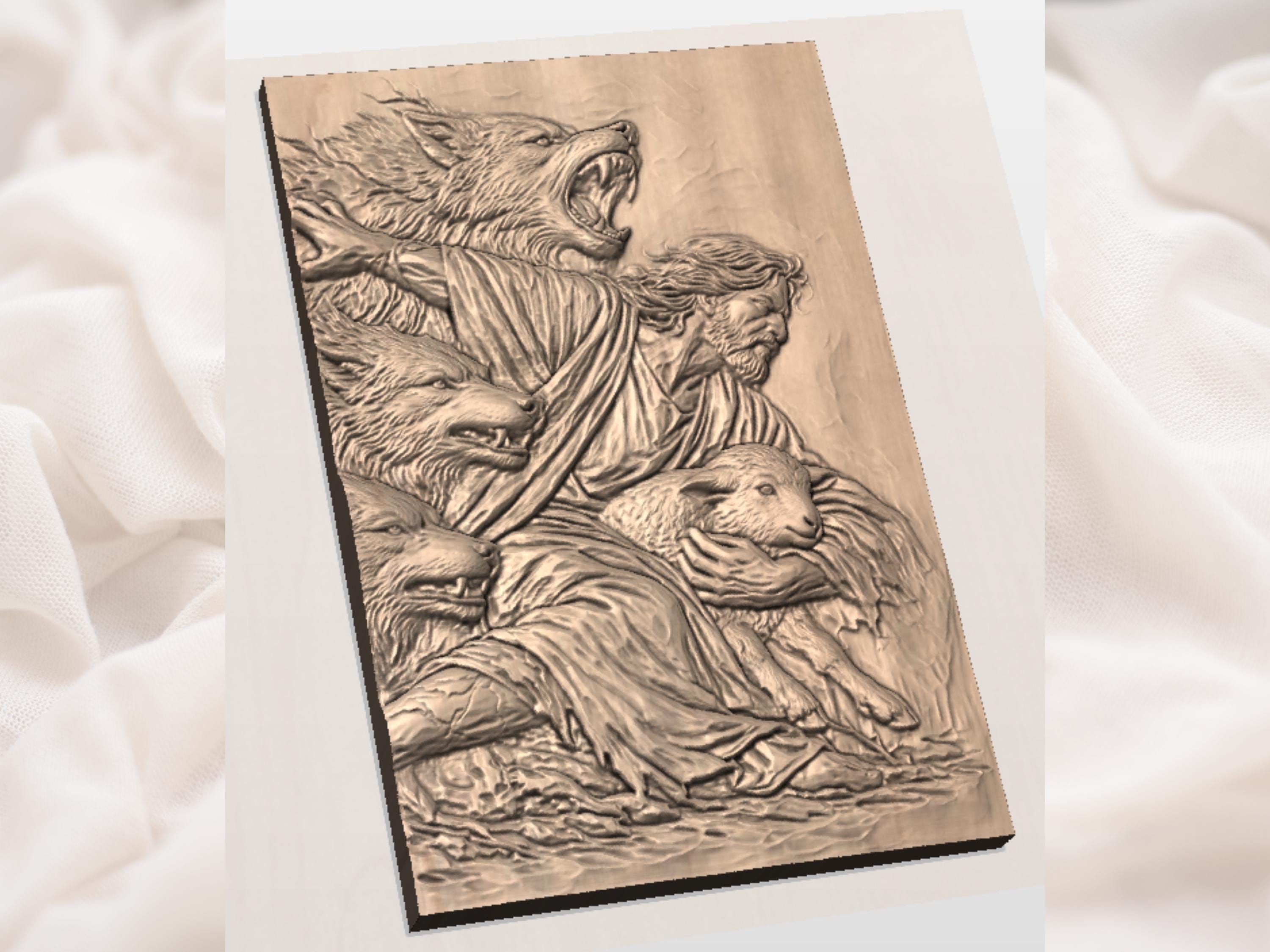 Good Shepherd Shielding the Lamb from Wolves Relief STL bas-relief STL — view 2