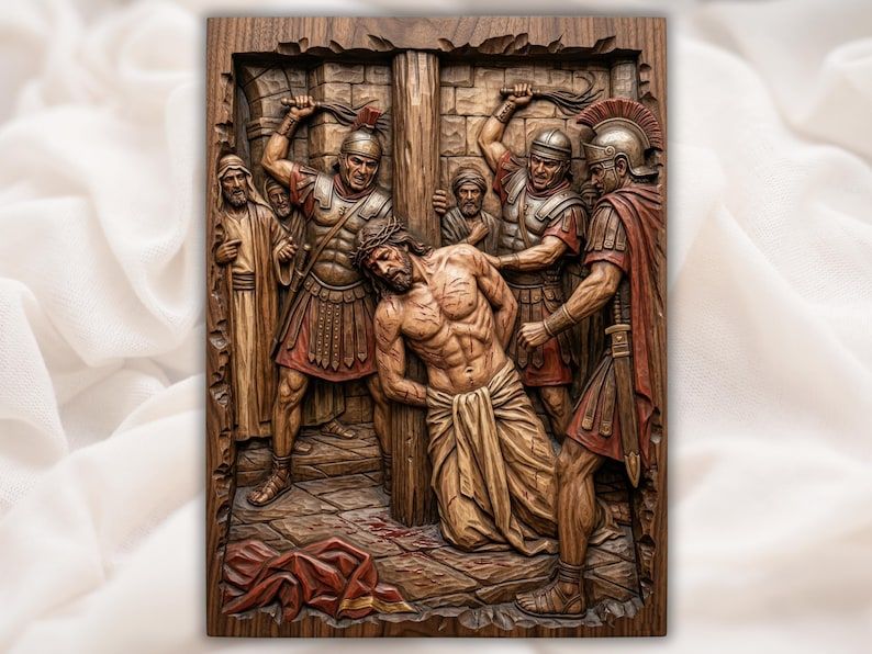 Carved wood relief of Jesus bound to a pillar being scourged by Roman soldiers as a crowd watches