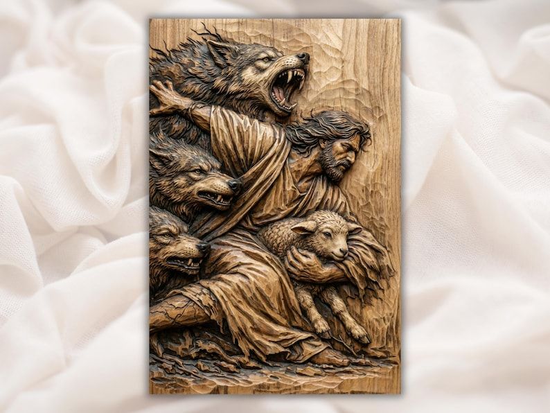 Wood relief carving of a shepherd carrying a lamb while three snarling wolves lunge behind him.
