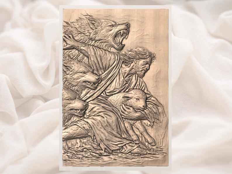 The Shepherd Carrying His Lamb Past the Wolf Pack Relief STL bas-relief STL — view 3
