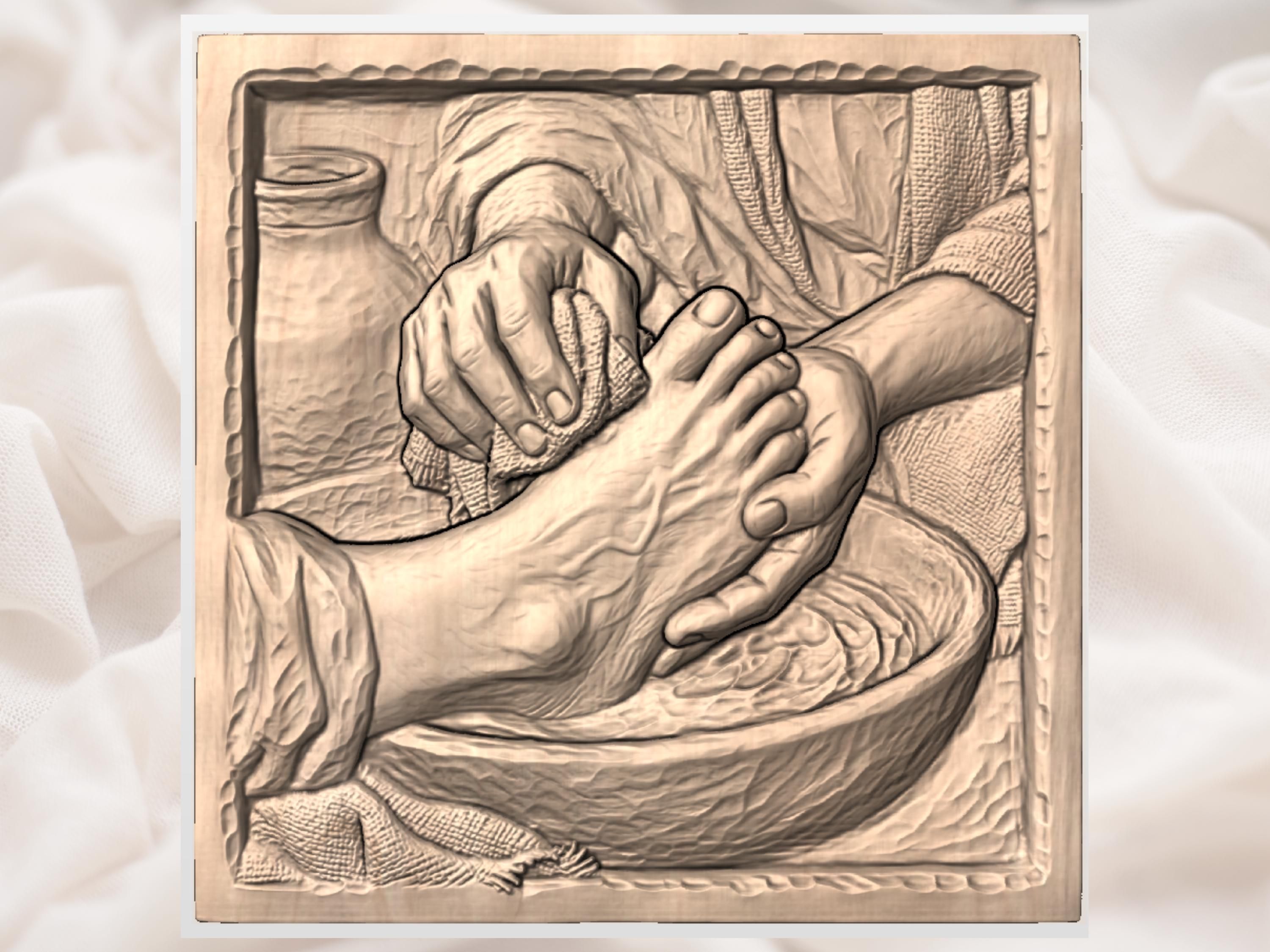 Washing of the Feet Bas-Relief STL, Hand and Bare Foot Scene bas-relief STL — view 2
