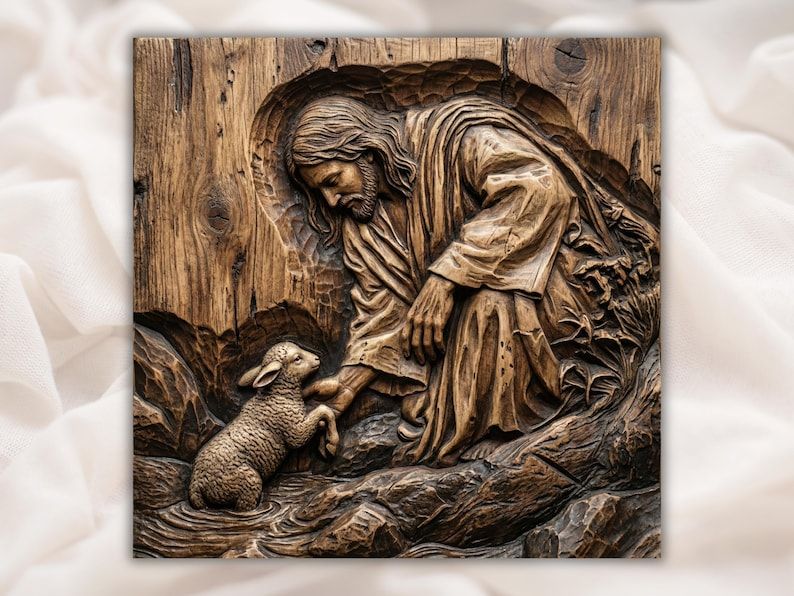 Carved wood relief of Jesus reaching down to lift a small lamb from water, robe folds in deep shadow.