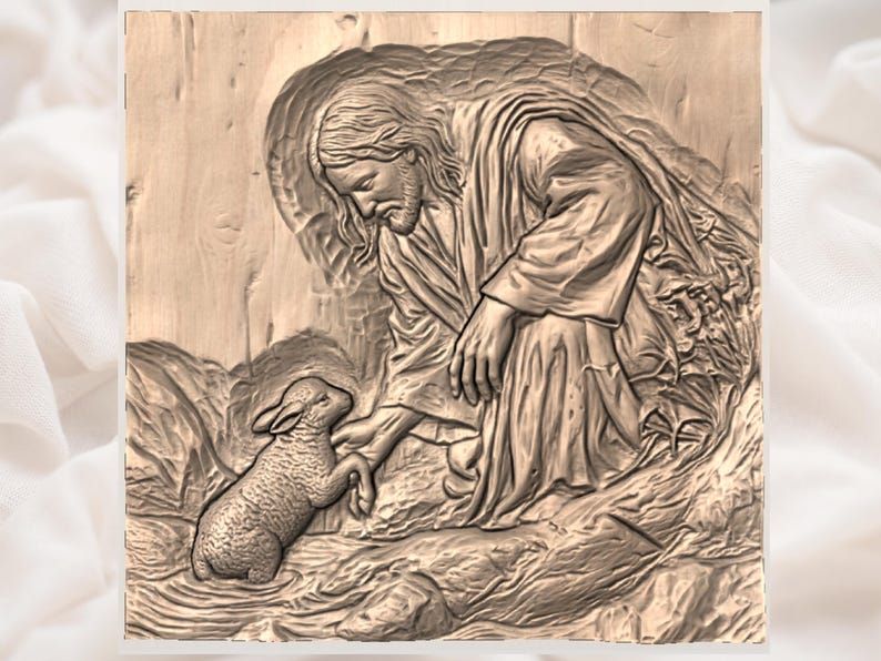 Good Shepherd Bas-Relief: Jesus Lifting a Lost Lamb STL bas-relief STL — view 3