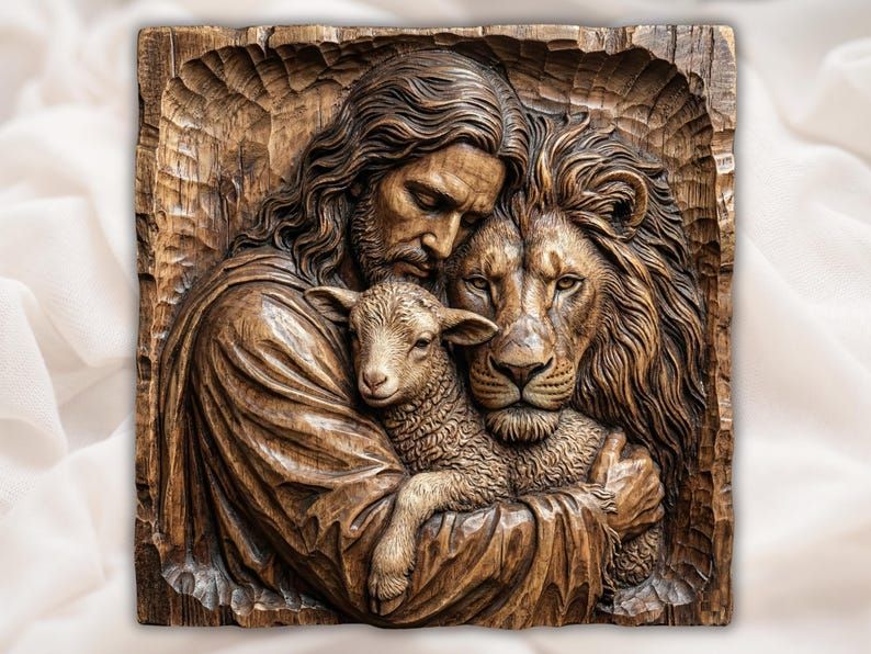 Wood bas-relief of Jesus cradling a lamb and resting his head against a lion with a flowing mane
