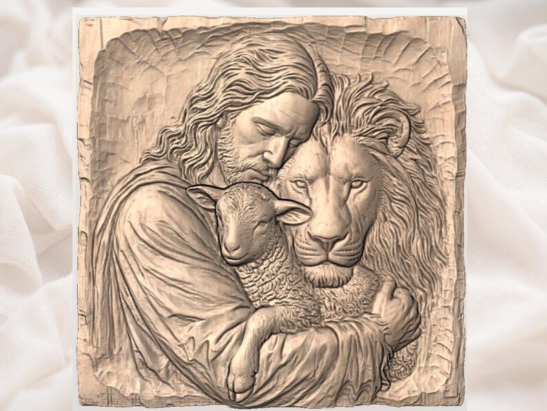 Jesus Holding a Lamb Beside a Lion Bas-Relief STL bas-relief STL — view 2