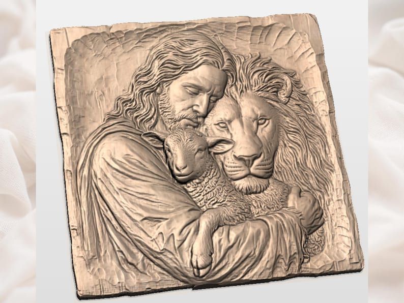 Jesus Holding a Lamb Beside a Lion Bas-Relief STL bas-relief STL — view 3