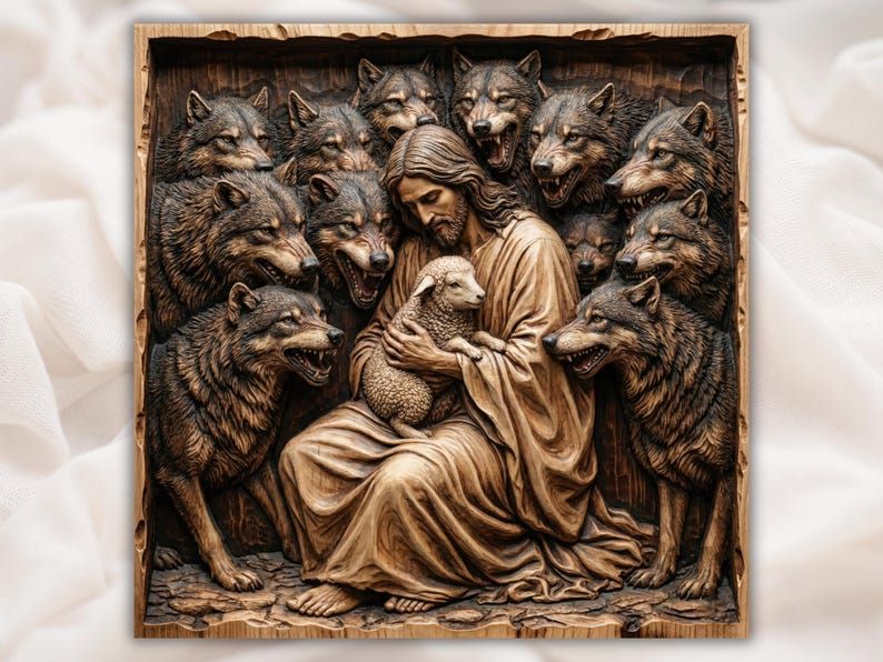 Bas-relief wood carving of Jesus kneeling and holding a lamb while surrounded by a circle of snarling wolves