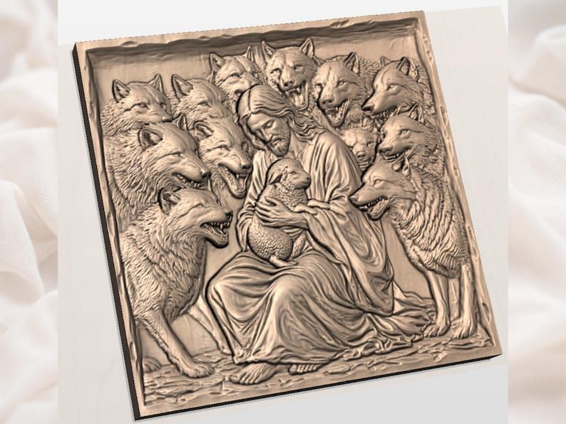Christ Shielding a Lamb in a Ring of Snarling Wolves STL bas-relief STL — view 2
